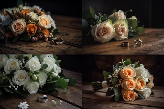 Closeup of bouquet with wedding rings on wooden table