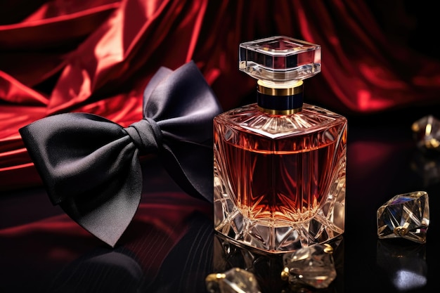 Closeup of a bow tie next to a luxury perfume bottle