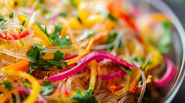 A closeup of a bowl of algae noodles with thin translucent strands interwoven with brightly colored