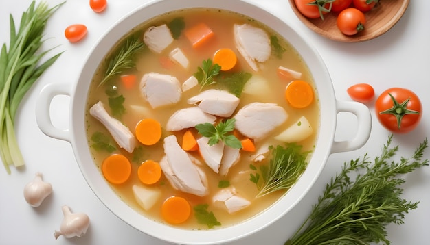 Closeup of a bowl of chicken soup with vegetables and herbs on a white background surrounded by fresh ingredients