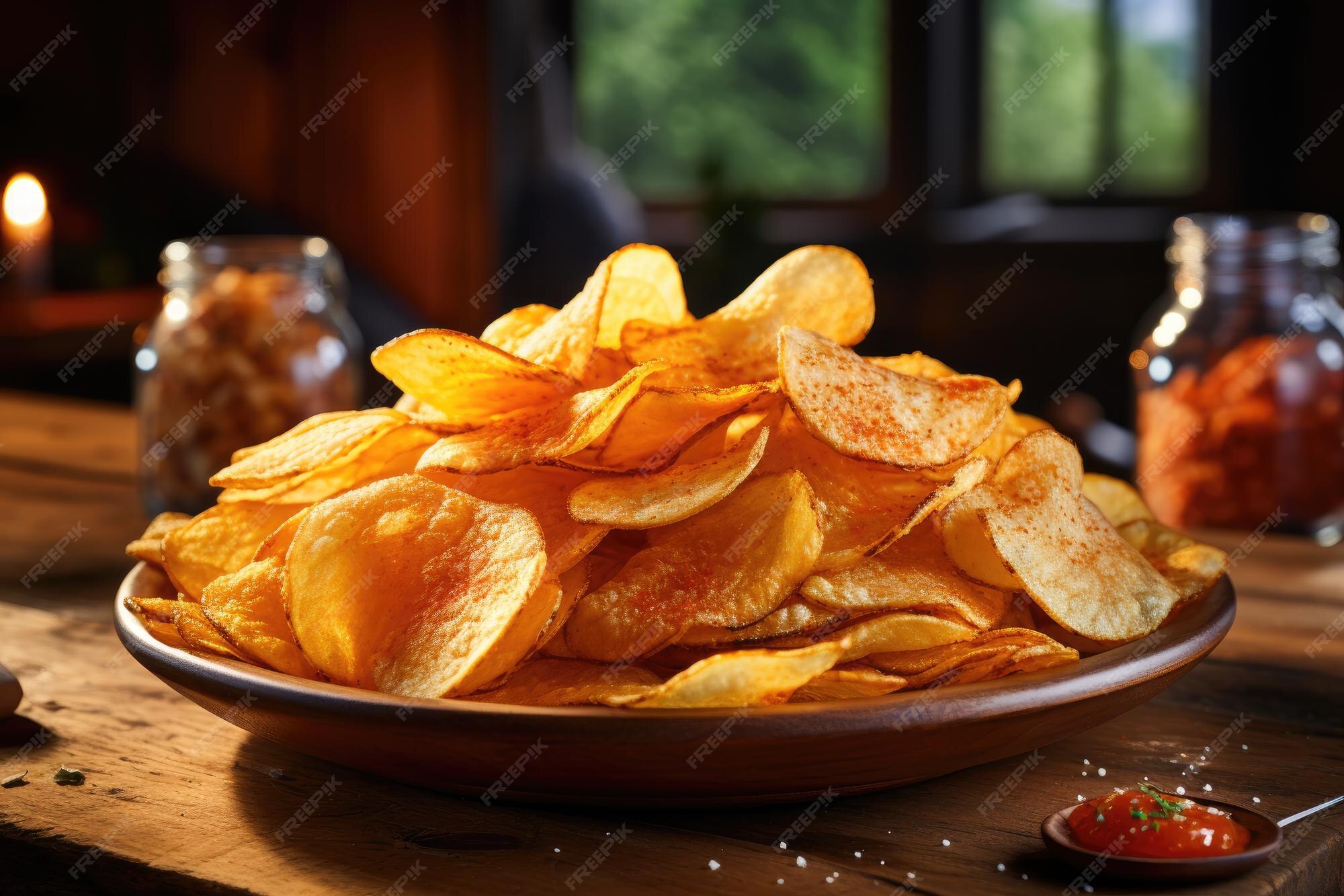 Premium AI Image Closeup of a bowl of delicious potato chips on a