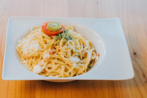 Closeup of a bowl of delicious spaghetti carbonara on the tablespaghetticarbonarabowldeliciouspa