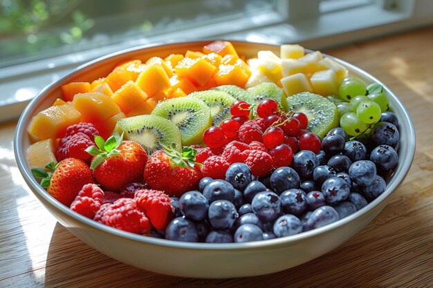 A closeup of a bowl of freshly cut fruit arranged in a colorful and visually appealing way