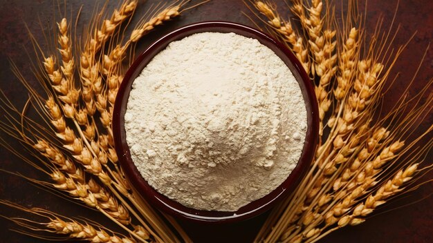 Photo closeup of a bowl full of atta flour surrounded by ripe wheat