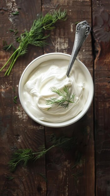 Foto close-up di una ciotola di ricca crema acida con un ramoscello di aneto pronto a migliorare qualsiasi pasto impostato su un vintage tavolo di legno