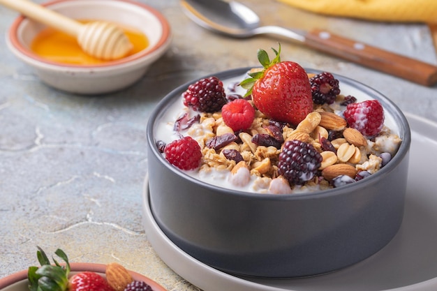 Closeup of a bowl of sweet fresh yogurt with cereal and fruits