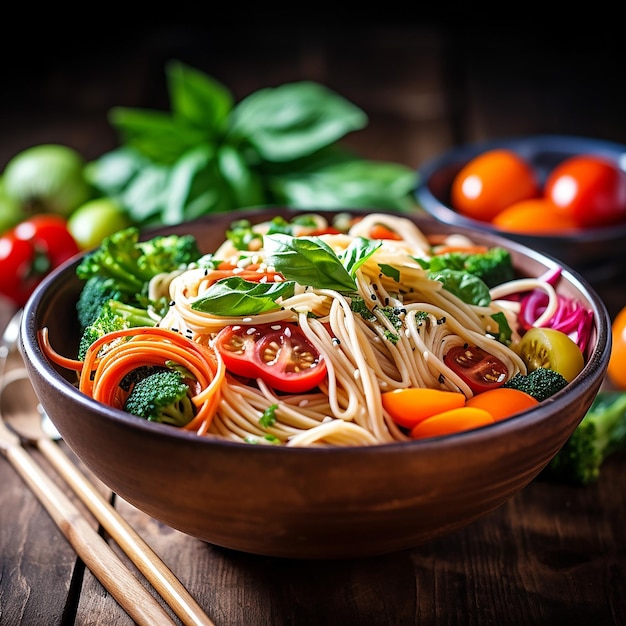 Closeup of bowl of vegetables and noodles