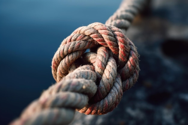 Closeup of a bowline knot on a weathered rope created with generative ai