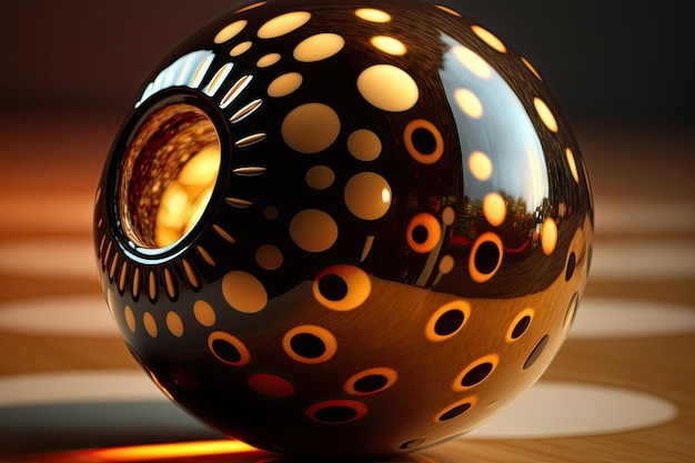 Closeup of bowling ball with its shiny surface and finger holes in focus