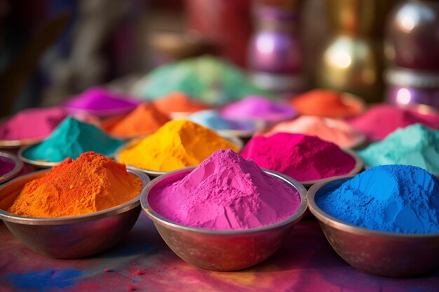 Closeup bowls on a wooden table featuring vibrant Holi powder an Indian cultural celebration