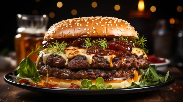 Closeup Brade with Grilled burger in a plate isolated on white