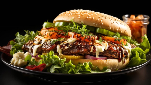 Closeup Brade with Grilled burger in a plate isolated on white