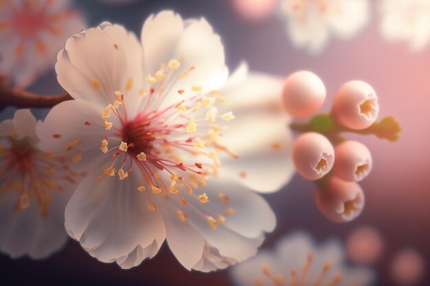 A closeup branch of cherry blossom with pink flowers