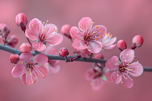 ピンク の 花 を 飾っ て いる 枝 の クローズアップ