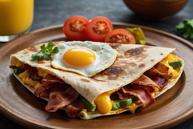 Closeup of a breakfast quesadilla w