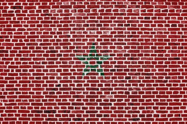 Closeup on a brick wall with the flag of Morocco painted on it