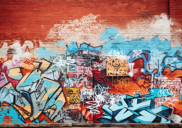 A closeup of a brick wall with graffiti art