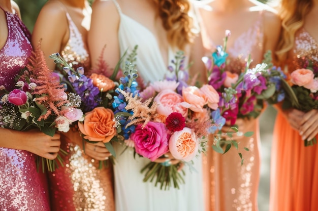 Closeup of bridesmaids in bright sequin dresses at wedding ceremony Generative AI