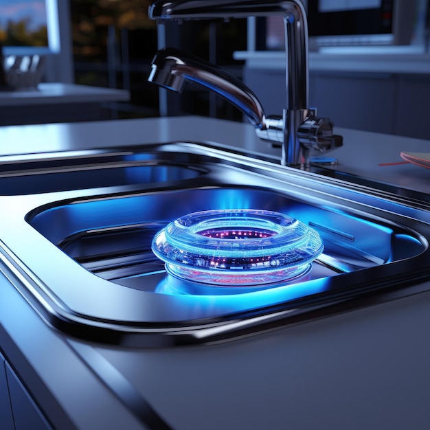 Closeup bright lighting garbage disposal in the interior of a modern gray matte kitchen