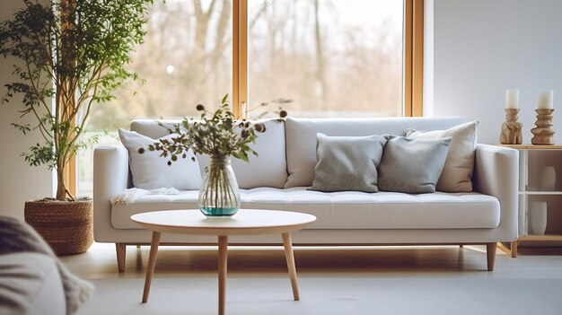 Closeup of bright living room with sofa and table in front of sofa against blurred Generative AI