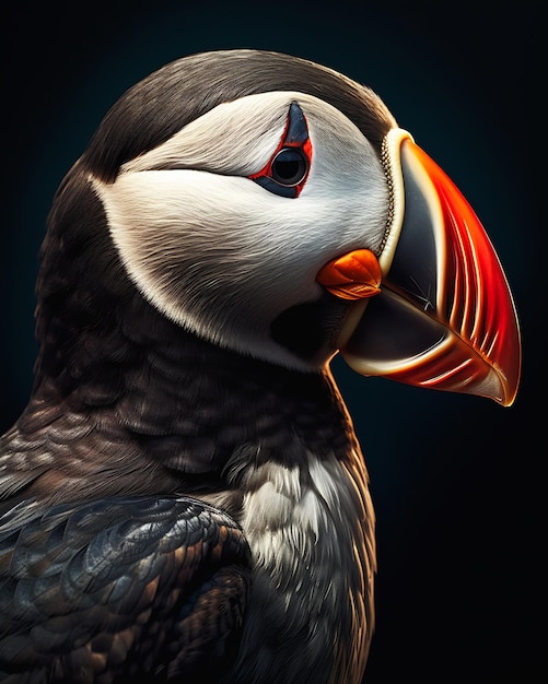 Closeup of a bright orange beak of an Atlantic Puffin with a lux