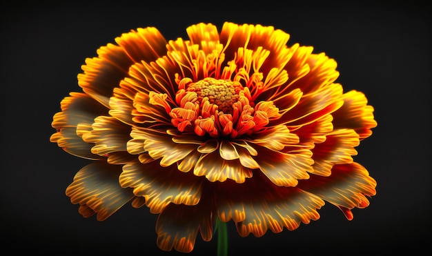 A closeup of a bright orange marigold its intricate center and vibrant color filling the frame on a dark background