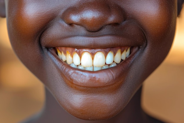健康な白い歯を誇る明るい笑顔のアフリカの女の子のクローズアップ