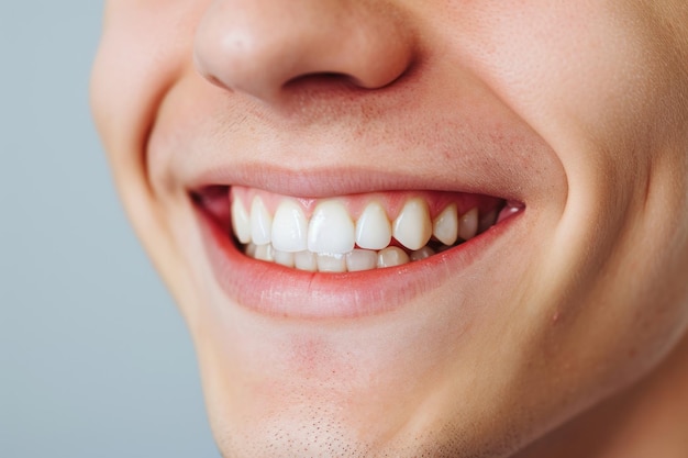 closeup of a bright smiling european young man showing off healthy white teeth