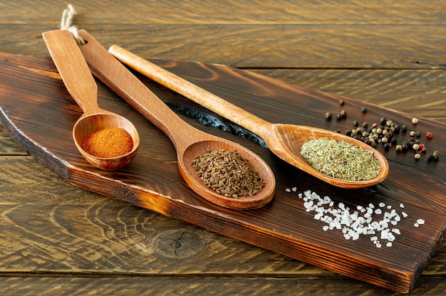 Closeup of bright spices pepper, paprika, saffron, pepper in wooden spoons.