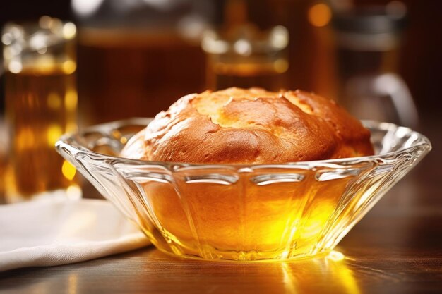 Closeup of brioche dough rising in a glass bowl