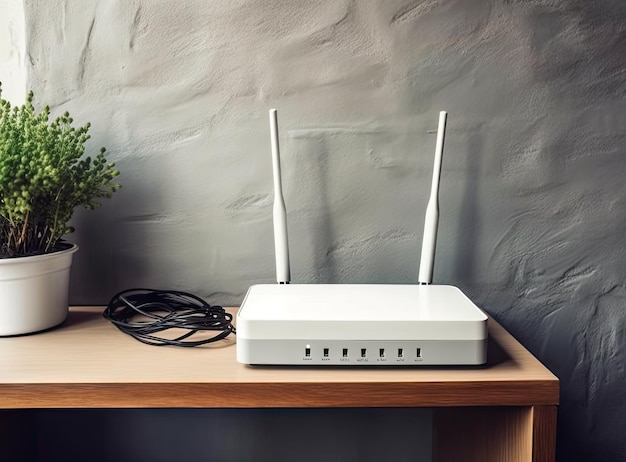 Closeup of a broadband router plant in pot is placed on router with a blur background