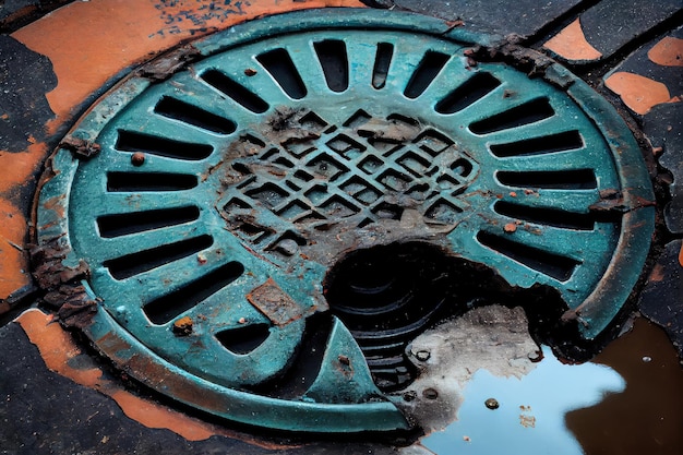 Closeup of broken manhole cover with sewer water spilling onto the street