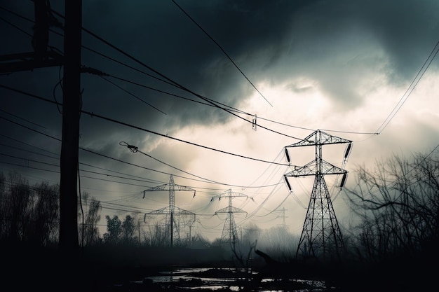 Closeup of broken power lines surrounded by stormy clouds