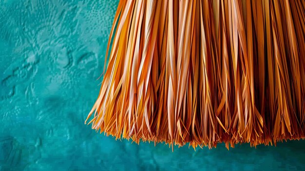 Photo closeup broom bristles on vibrant blue surface