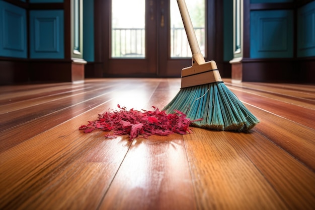 Photo closeup of a broom sweeping hardwood floor