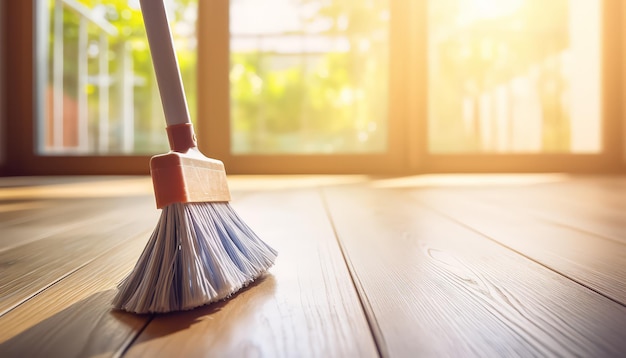 Closeup of a broom on a wooden floor