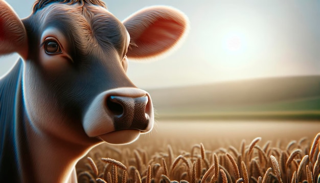 Closeup of a brown cow in a wheat field at sunset with a blurred background Generative AI