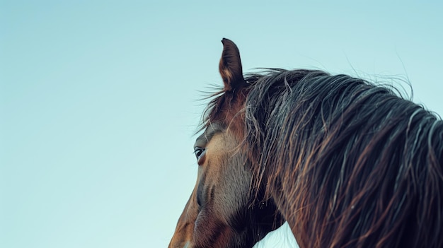 Closeup of brown horses head against clear blue sky emphasizing its mane and profile