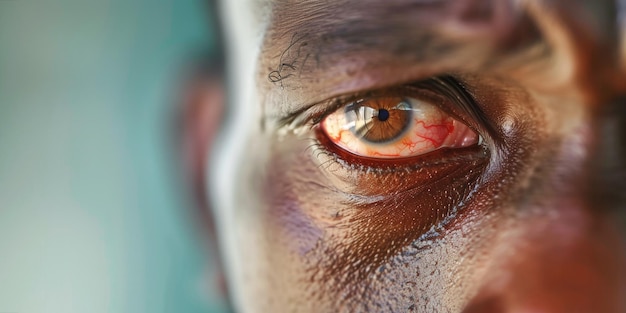 Foto close-up di un occhio umano marrone con riflesso e vene rosse visibili