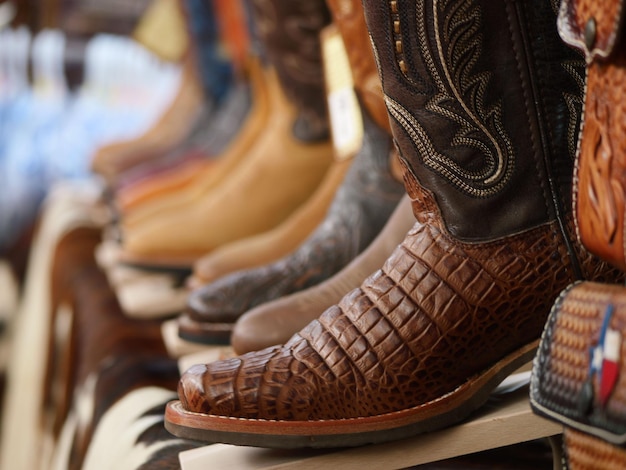 Closeup of a brown leather cowboy boot