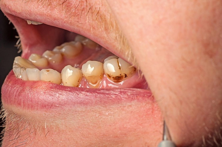 Photo closeup of brown teeth with plaque and caries the filling fell off the tooth