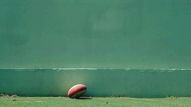 Photo closeup of a brown and white football on green grass in front of a green wall