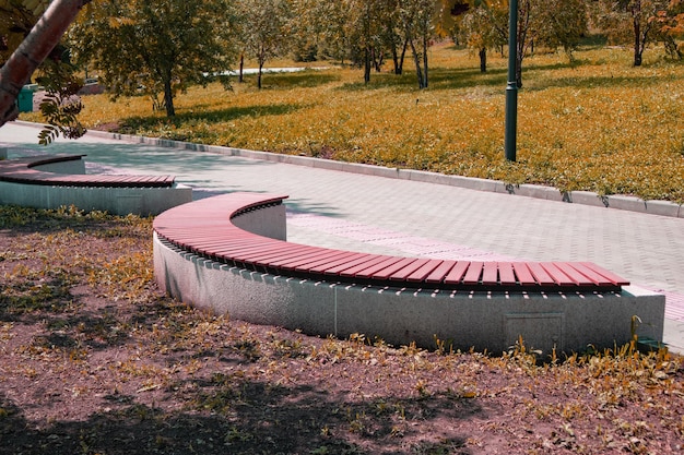 Foto close-up di una panchina di legno marrone a forma di arco in un parco cittadino estivo colorato di rosa