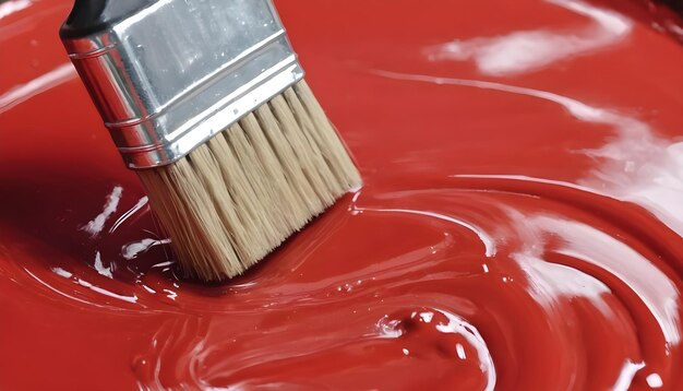 写真 塗料に赤い色を塗ったクローズアップのブラシ