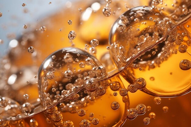 Closeup of bubbles fizzing in a glass of iced tea