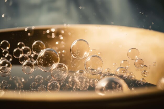 Photo closeup of bubbles floating on the surface of a warm bath created with generative ai