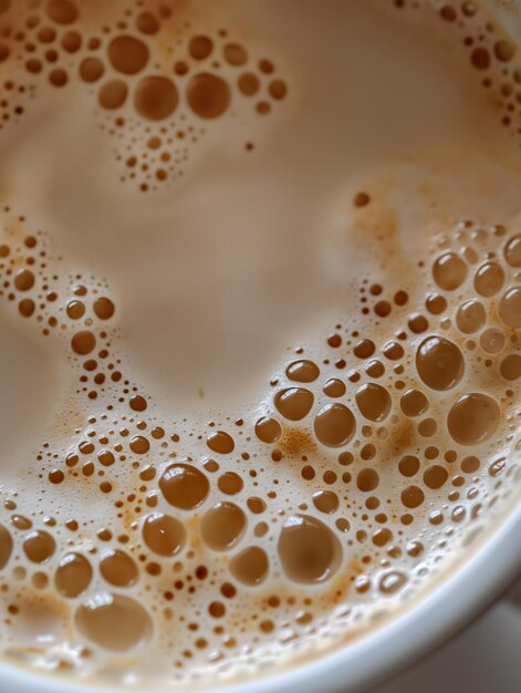 Foto closeup delle bolle e dei vortici nel caffè con miscela di latte