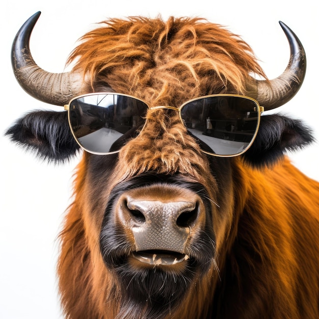 Closeup of Buffalo with sunglasses on white background