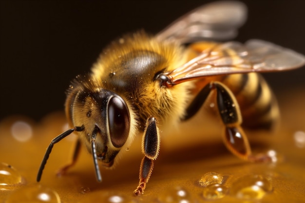 Closeup bug insect pollen nature macro honey bee yellow background gold Generative AI