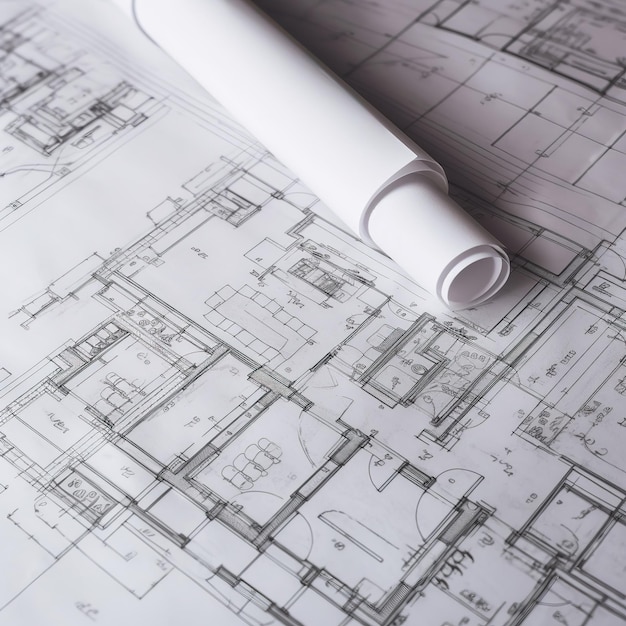 Closeup building plans Engineering drawing plan of house on paper